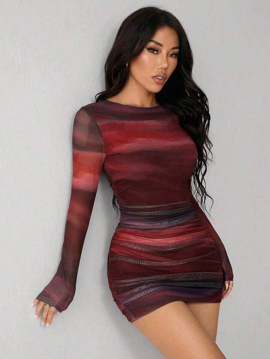 Vestido mini ceñido de mujer con estampado de teñido anudado y drapeado - Rojo - Ver 1