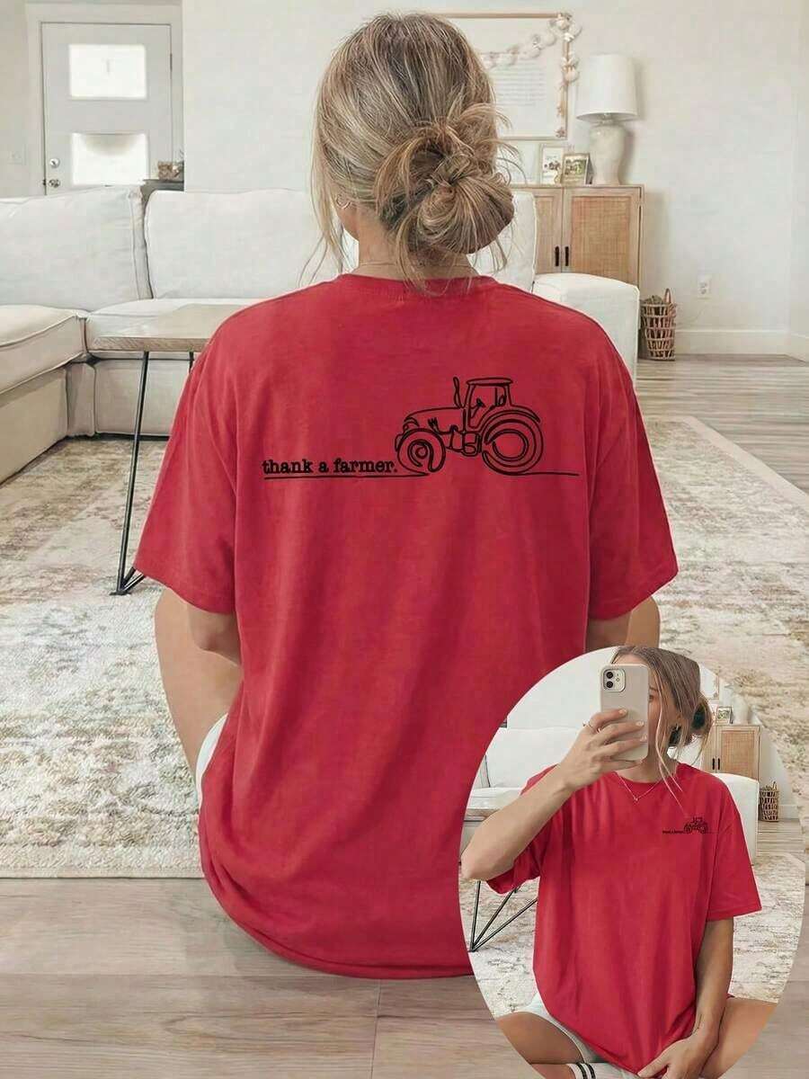Summer Tops[Double-Sided Print] Women's T-Shirt, Short-Sleeved Round-Neck Casual Top, Featuring A Tractor Graphic With The Text "Thank A Farmer." Mach - 紅色 - 查看 1