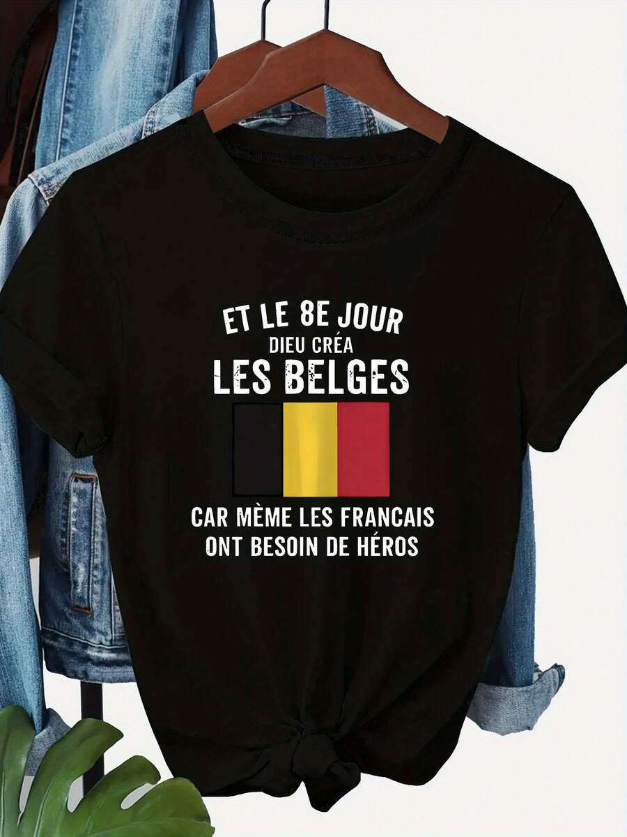 Women's T-Shirt With German Lettering 'LES BELGES' - Short Sleeve, Round Neck, Casual Summer Blouse With German Phrase Print, Machine Washable - Top For Casual Outfits And Belgian Culture (Suitable T-Shirts For Women) - 黑色 - 查看 1