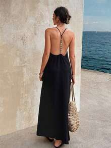 Vestido largo elegante de mujer con tirantes finos, espalda descubierta y lentejuelas, adecuado para fiestas, bodas, playa y vacaciones, color negro, para verano - Negro - Ver 2