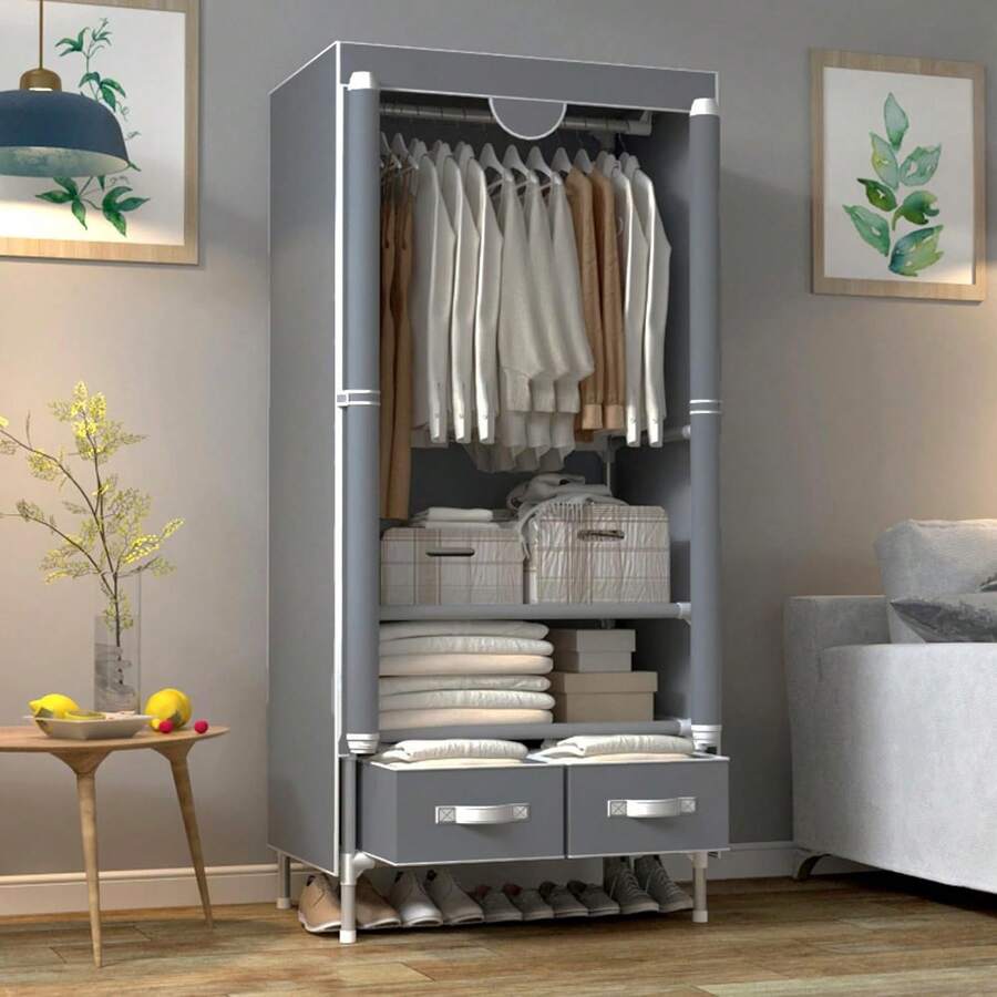 Tragbarer Kleiderschrank aus Segeltuch mit 3 Schubladen und Regalen, 90 x 45 x 170, Aschweiß DTDS - Gris - Übersicht 1