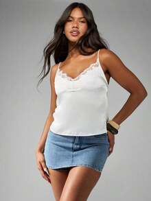 Top de satén con escote en V, tirantes finos, estilo elegante de camiseta, para primavera y verano - Blanco - Ver 1