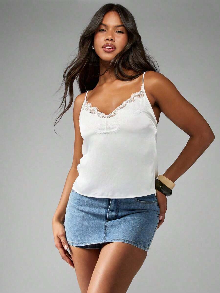 Top de satén con escote en V, tirantes finos, estilo elegante de camiseta, para primavera y verano - Blanco - Ver 1