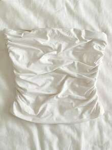 Top tubo plisado de unicolor simple, casual de verano - Blanco - Ver 2