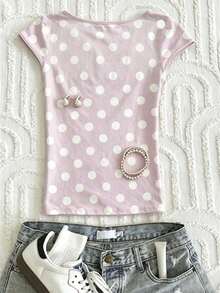 Camiseta de mujer de unicolor con cuello cuadrado y mangas cortas, versátil para uso diario y salidas - Multicolor - Ver 2