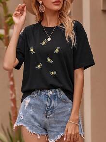Playera Minimalista con Flores - Estilo Chic y Versátil para Uso Diario - Negro - Ver 2