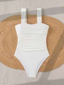 Swim Basics Traje de baño de una pieza con hombros fruncidos de unicolor, estilo minimalista bohemio de festival para mujer - Blanco - Ver 6