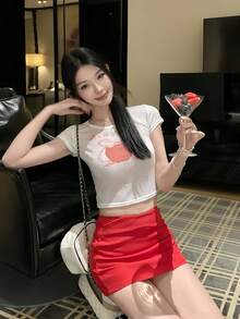 Dopamine Graphic Print Cropped Apple Short Sleeve T-Shirt, Fitted Midriff-Baring Top For Summer White - White - View 5