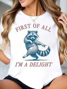 1 Piece Women's Round Neck T-Shirt With Raccoon Print "First Of All, I'm A Delight", Short Sleeve, Casual, Summer, Women's, 180g, 100% Cotton. - 白色 - 查看 1