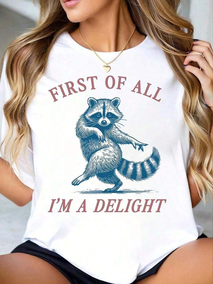 1 Piece Women's Round Neck T-Shirt With Raccoon Print "First Of All, I'm A Delight", Short Sleeve, Casual, Summer, Women's, 180g, 100% Cotton. - 白色 - 查看 1
