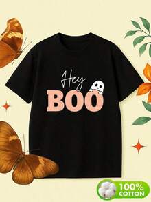 Plus Size Women's Clothing, Ladies Ghost Boo T-Shirt - Cute "Hey Boo" Pattern Casual And Halloween Top, Soft Round Neck Short Sleeve T-Shirt, Suitable For All Seasons, Suitable For Casual Wear, Office, Clothing - Durable Casual And (Black With Lettering) - 黑色 - 查看 6
