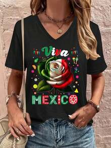 Women's T-Shirt With Mexican Flag, Mariachi, And Sombrero Design - Casual Top, Suitable For Gym, Parties, Mexican Theme Events - Mariachi Logo Inspired Cut (Machine Washable) 2000s Style - Mother's Day - Casual Women's Clothing - Casual Blouses For Ladies - 黑色 - 查看 1
