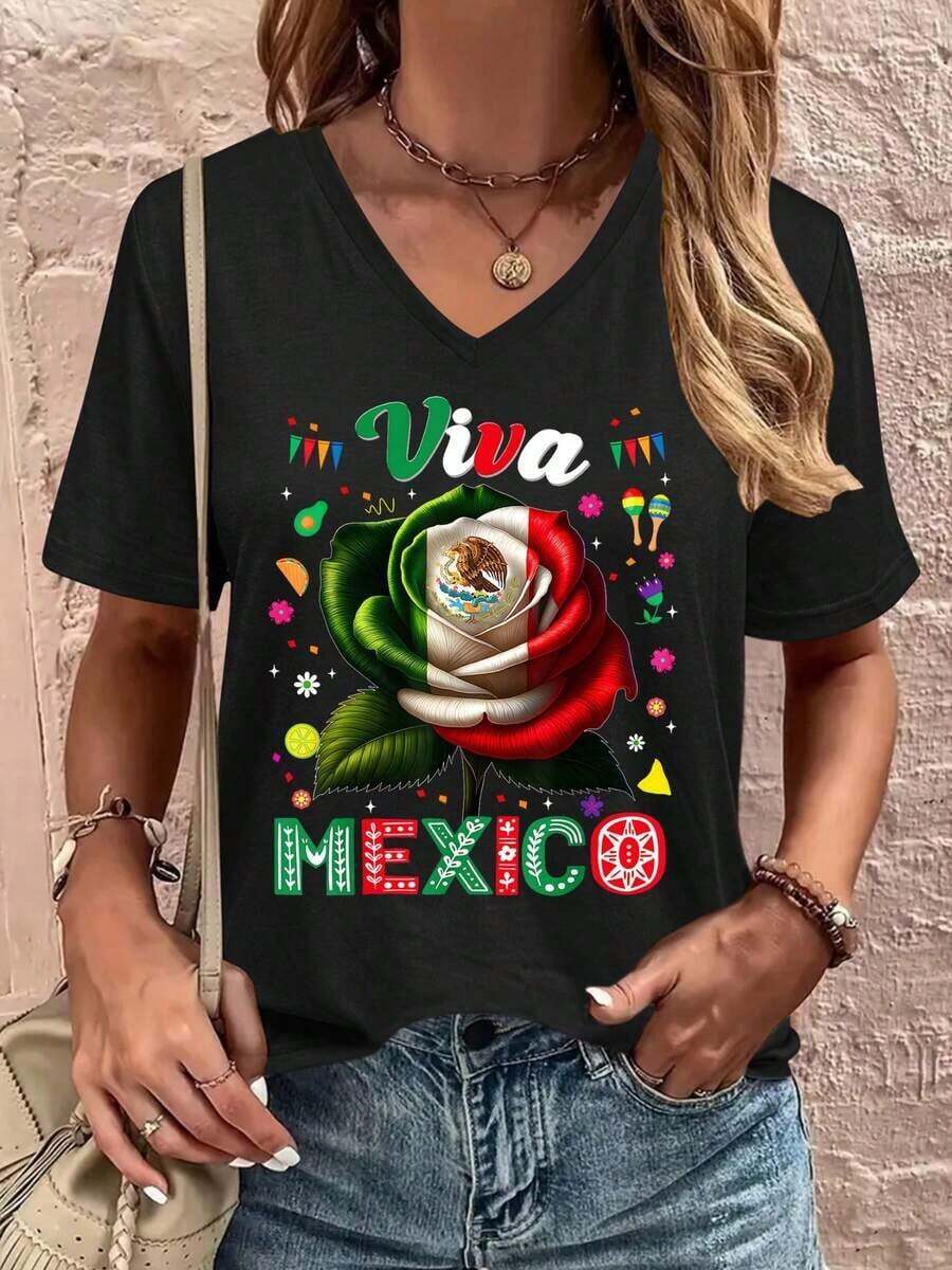 Women's T-Shirt With Mexican Flag, Mariachi, And Sombrero Design - Casual Top, Suitable For Gym, Parties, Mexican Theme Events - Mariachi Logo Inspired Cut (Machine Washable) 2000s Style - Mother's Day - Casual Women's Clothing - Casual Blouses For Ladies - 黑色 - 查看 1