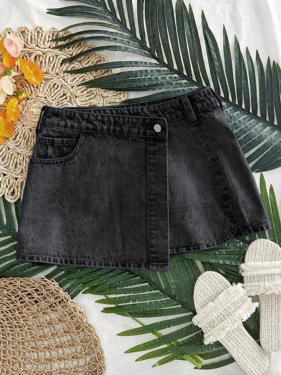 Minifalda vaquera casual con bajo asimétrico para mujer - Negro - Ver 1