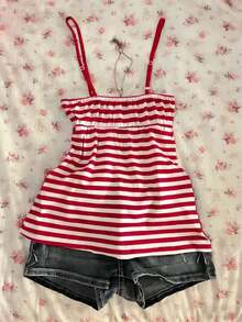 Camiseta de tirantes de mujer de rayas estilo retro Y2K casual de verano - Rojo - Ver 2