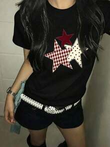 Summer Cheer From Japan! White On White Star Print Cotton T-Shirt, Women's Short Sleeve Crew Neck Cotton T-Shirt, Casual Japanese Feminine Style. - 黑色 2 - 查看 3