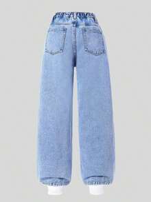 Jeans de pierna ancha para adolescentes, nuevos pantalones rectos con diseño bordado de moño, pantalones vaqueros holgados, pantalones vaqueros holgados para mujer, pantalones vaqueros holgados para niñas, pantalones vaqueros holgados para - Lavado ligero 2 - Ver 3
