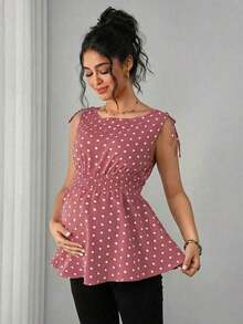 Camiseta de tirantes con estampado de lunares, nudo en los hombros y la cintura, para embarazadas - Rosa vieja - Ver 3