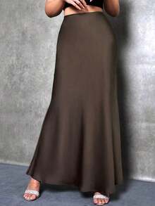 Falda de estilo de cola de sirena de unicolor para mujer, falda de satén, falda larga elegante, adecuada para fiestas y uso diario - Café integral - Ver 4