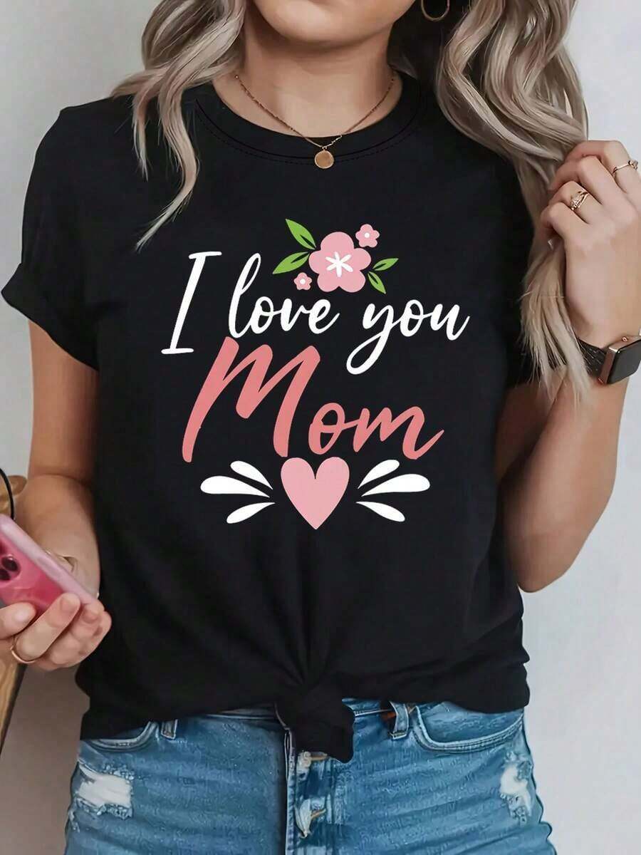 Camiseta de manga corta con cuello redondo para mujer, con estampado, hecha de tela de algodón puro. Cuello redondo clásico y minimalista, versátil y adecuado para todas las formas de cuerpo. Perfecto para citas, desplazamientos diarios y salidas informales. - Negro - Ver 1