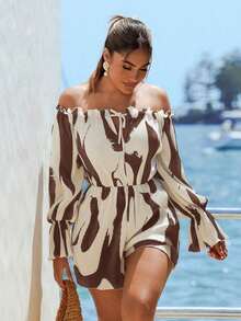 - Mono de mujer con estampado de pincel y volantes en los hombros, ropa de vacaciones para mujer, conjuntos de verano para mujer, mono de verano para mujer, ropa de playa para mujer, para salir, atuendo para crucero. - Marrón - Ver 1