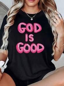 Frase Dios es bueno" en letras rosas que transmite fe esperanza y energ■a positiva para el d■a a d■a camiseta de mujer 100% algodn cmoda y moderna - Negro - Ver 2
