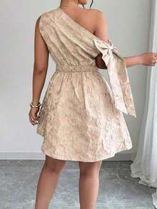 Vestido mini asimétrico de hombro con cintura recogida, decoración de lazo y tela jacquard, elegante para fiesta/cita, primavera/verano - Rosa Pálido - Ver 2