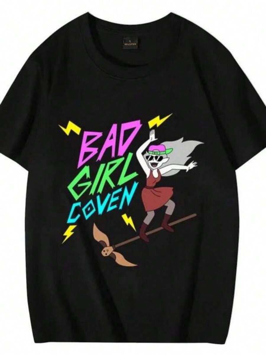 Bad Girl Coven Letter Print T Shirt Woman Men Harajuku Summer Casual Cotton Clothes Short Sleeve Tee High Quality T Shirt - 黑色 - 查看 1