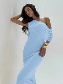 Vestido de mujer de unicolor con hombros asimétricos - Celeste - Ver 7