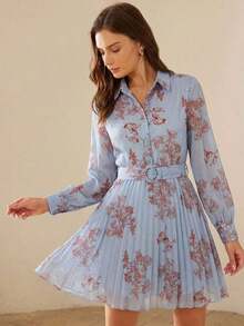 Aveloria Frievida Vestido con botón delantero con cinturón con estampado de flor - Celeste - Ver 4