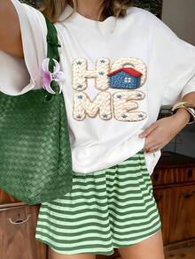 Home Embroidered Graphic T-Shirt, 100% Cotton Oversized Soft Breathable Casual Crewneck Short Sleeve Top, Summer Vibes Aesthetic Streetwear Style For Women & Home Lovers - Blanco - Ver 2