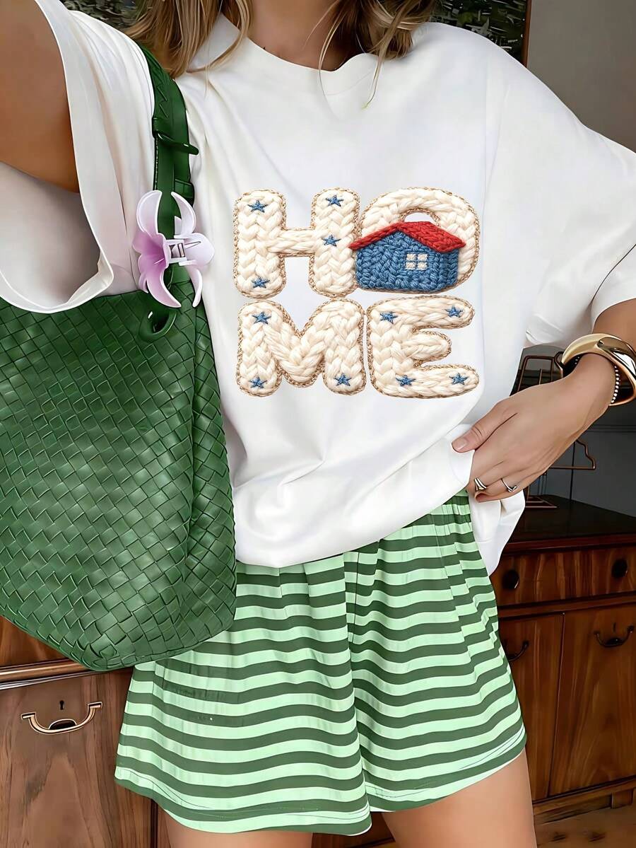 Home Embroidered Graphic T-Shirt, 100% Cotton Oversized Soft Breathable Casual Crewneck Short Sleeve Top, Summer Vibes Aesthetic Streetwear Style For Women & Home Lovers