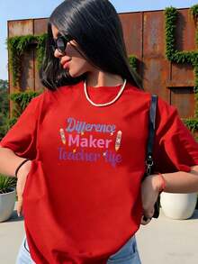 Comfortable Women's Printed Short Sleeve T-Shirt, Y2K Style, Casual Summer, New, Stylish And Slimming, Deeka Short Sleeve Top. Loose Versatile Short Sleeve T-Shirt For Women - 紅色的 - 查看 11