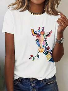 Women's Casual T-Shirt, White, Round Neck And Short Sleeve, With Colorful Giraffe Art Print, Loose Fit, Breathable And Comfortable, Suitable For Casual Daily Wear, Commuting And Outings, Versatile And Stylish, Can Be Worn As A Base Layer Or Alone, Made Of 100% Cotton, Durable - 白色 - 查看 7