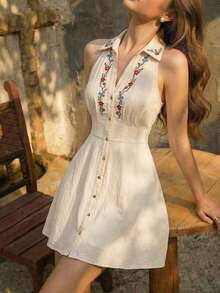 MOD Vestido con hombros descubiertos bordado a mano en estilo bohemio, 100% algodón - Estilo occidental, vintage de los 70, lindo, para citas, fiestas, uso en verano y primavera, vacaciones, picnics, festivales, cumpleaños - Albaricoque - Ver 1
