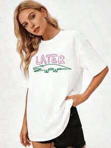 Camiseta de talla grande para mujer - Camiseta divertida con estampado "Later Gator" para mujer - Camiseta sarcástica "Later" en blanco y rosa - Camiseta ligera para uso diario para mujer - Camiseta casual lavable, ropa para todas las estaciones, camiseta divertida, camiseta de ajuste cómodo, camiseta casual de cuello redondo estampada, camiseta casual de con cuello redondo, camiseta casual para uso diario, camiseta retro, ropa de otoño e invierno, ropa de manga corta unisex, ropa de talla grande, sudadera, ropa para mujer, tops, ropa de Año Nuevo, tops para mujer, tops de primavera y verano para mujer, ropa de primavera, conjuntos de vacaciones para mujer, regalos de San Valentín, verano. - Blanco - Ver 2
