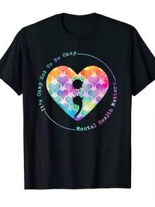 Camiseta unisex de cuello redondo con diseño de corazón y punto y coma de temática benéfica. Es cómoda y transpirable, ideal para uso casual diario y regalo de cumpleaños - Negro - Ver 2