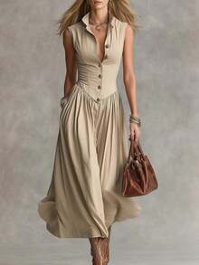 New Spring Maxi Dress For Women, Elegant French Style, Goddess Inspiration, Lapel Collar, Sleeveless, Flattering And Fitted Design, Perfect For Events And Sophisticated Looks - 卡其色 - 查看 9
