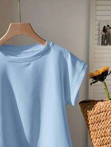 Camiseta de manga corta de cuello redondo de color liso casual de verano - Celeste - Ver 4