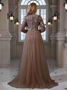 Chal de encaje bordado con cuentas y lentejuelas con lazo de borlas, vestido maxi elegante de línea A para vacaciones y bodas - Café integral - Ver 3