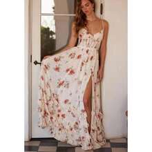 Vestido largo tirante escote profundo estampado nueva llegada cintura marcada estilo elegante - Albaricoque - Ver 8