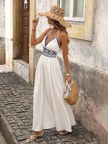 YHHBrillora Vestido largo de vacaciones con estampado geométrico jacquard sin espalda para mujerYHH - Blanco - Ver 5