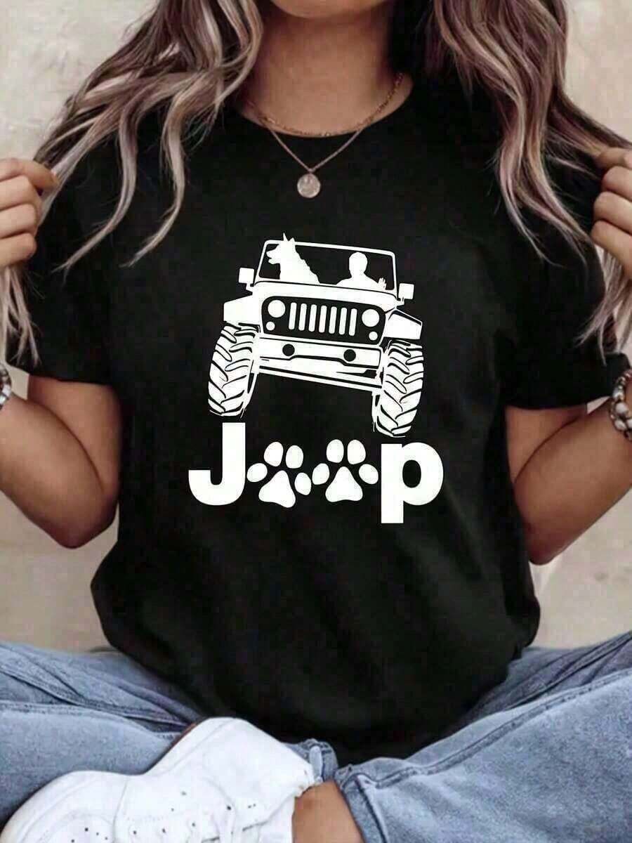 Camiseta holgada de talla grande con estampado de Jeeps, cuello redondo informal de manga corta, estilo casual urbano, camisetas unisex, camisetas modernas y transpirables. - Negro - Ver 1