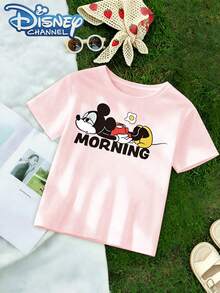 DisneyCute Cartoon Mickey Mouse And Minnie Mouse Design Men's T-Shirt Morning Theme Summer Wear For Kids And Teens Gift For Children And Disney Fans - 粉色 - 查看 2