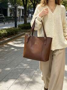 Bolso de mano de mujer de gran capacidad de unicolor de piel de PU, elegante bolso de hombro de unicolor, bolso multifuncional para ir al trabajo/estudiar - Marrón - Ver 4