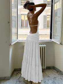Vestido nuevo de verano mujer halter con pliegues espalda descubierta estilo sensual elegante moda europea - Blanco - Ver 8