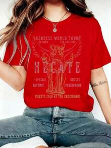 ropa de mujer Camiseta Estampada Estilo Retro con Temática de la Diosa Hécate - Tejido de Punto de Poliéster Suave, Manga Corta, Cuello Redondo - Adecuada para el Uso Diario Casual de Mujere - Rojo - Ver 6