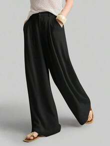 Ontre 2026SS New Women's Wide Leg Trousers, Casual Loose Pants With Pleated Waist, Suitable For Bohemian Style, Ibiza, Holidays, Festivals, Wedding Guests, Office, Teachers, Back To School, With Pockets, Relaxed Fit, Stylish Urban Chic Style, Versatile Women's Trousers For Spring/Summer - 黑色 - 查看 3