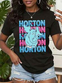 1 Pieza de Camiseta Casual de Moda para Hombres y Mujeres con Estampado del Personaje de Horton Hears A Who, Texto en Azul y Rosa, Cuello Redondo, Versátil, fácil de combinar, adecuada para uso diario, estilo urbano, ropa de vacaciones, ropa de fin de semana. - Negro - Ver 6
