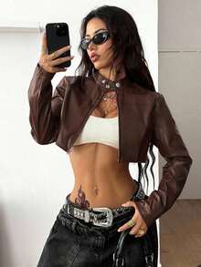 Abrigo de manga larga ajustado y corto con cremallera, de cuero negro, cómodo, estilo streetwear, rave, hippie, athleisure y Y2K para mujer, otoño - Marrón - Ver 8